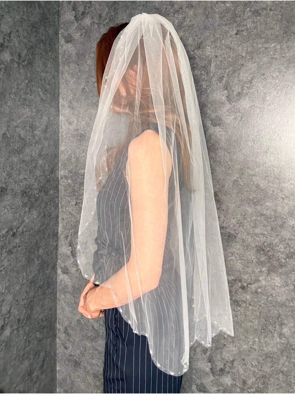 Vintage Ivory Fingertip Length Veil — Scalloped Embroidered Edge